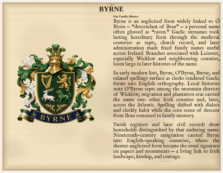 Sample Last Name Origin PDF — The Byrne Family — dense Standard layout, coat of arms left, surname history right — Herald Lab SAMPLE