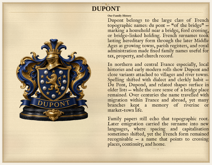 Sample Last Name Origin PDF — The Dupont Family — dense Standard layout, coat of arms left, surname history right — Herald Lab SAMPLE