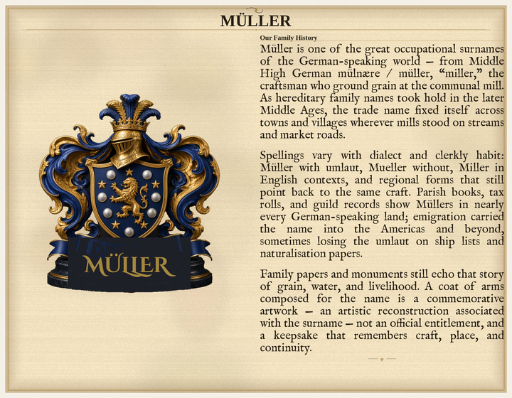 Beispiel Nachnamensherkunft — Die Familie Müller: Wappen links, Namensgeschichte rechts (Herald Lab) — denser Standard gallery sample