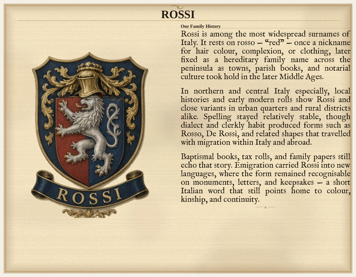 Sample Last Name Origin PDF — The Rossi Family — dense Standard layout, coat of arms left, surname history right — Herald Lab SAMPLE