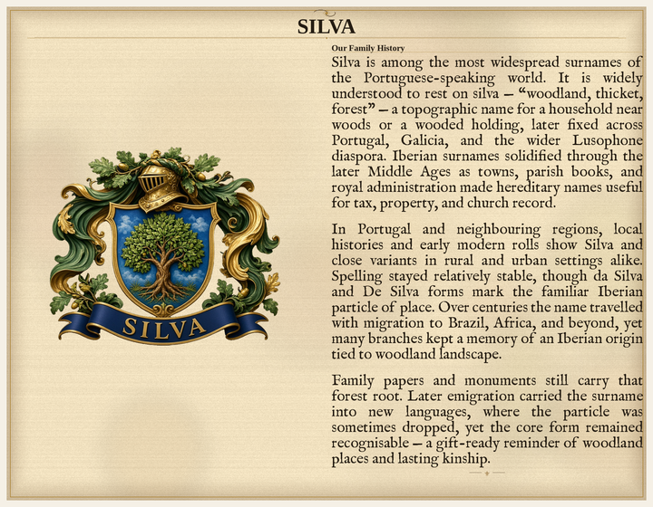 Sample Last Name Origin PDF — The Silva Family — dense Standard layout, coat of arms left, surname history right — Herald Lab SAMPLE