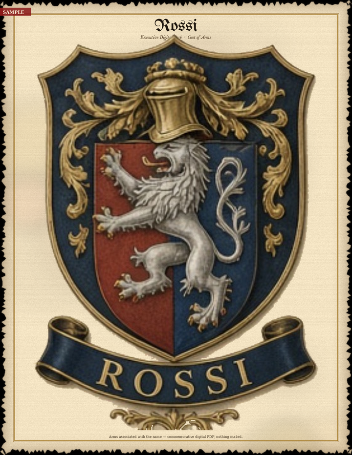 Sample Executive digital pack — Rossi portrait coat of arms (silver lion, ROSSI banner) tall band matching full history — Herald Lab
