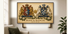 
Load image into Gallery viewer, Sample Dual Anniversary coat of arms PDF printed and framed — Rossi &amp; Bianchi landscape — Herald Lab