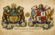
Load image into Gallery viewer, Anniversary Dual sample page 1 — Müller &amp; Schmidt united arms — Herald Lab