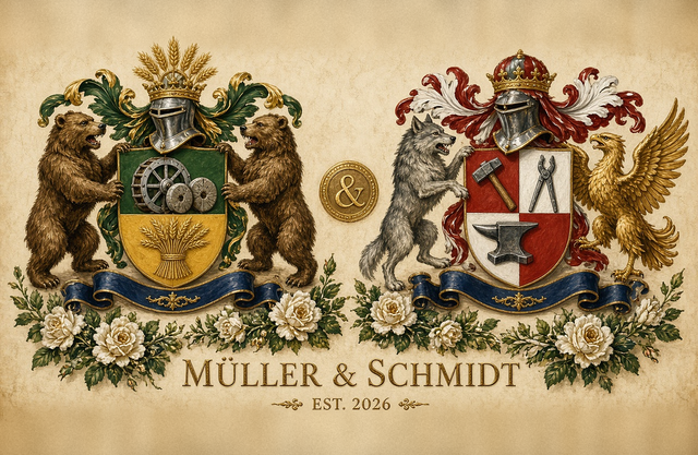Beispiel Doppelwappen-PDF für zwei Nachnamen — Hochzeitsgeschenk-Layout