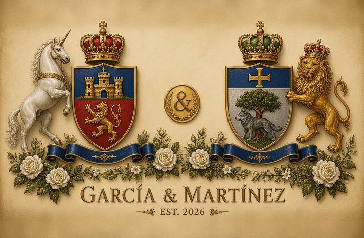 Muestra del PDF Doble — dos apellidos, regalo de boda. Ejemplo: García y Rodríguez