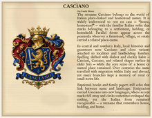 
Load image into Gallery viewer, Sample Last Name Origin PDF — The Casciano Family — dense Standard layout, coat of arms left, surname history right — Herald Lab SAMPLE