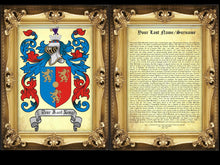 Load image into Gallery viewer, Executive Family Name History and full color Coat of Arms (2 pages) size 17" X 11" (cm 43x28)