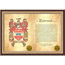 Load image into Gallery viewer, Executive Family Name History and full color Coat of Arms (2 pages) size 17" X 11" (cm 43x28)