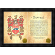 Load image into Gallery viewer, Executive Family Name History and full color Coat of Arms (2 pages) size 17" X 11" (cm 43x28)